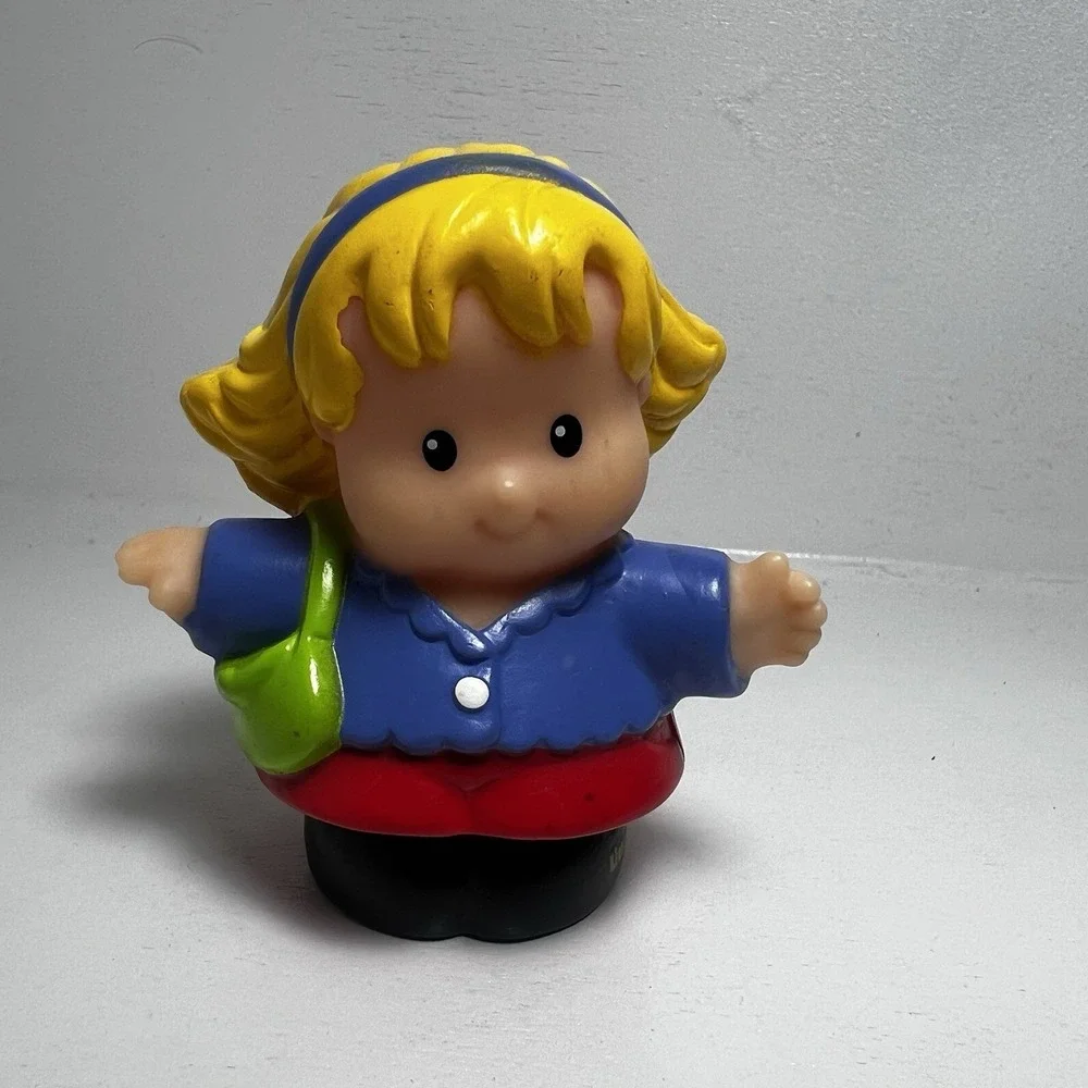 Fisher-Price Little People Blonde Girl Figure Blue Headband Red Skirt Green Bag